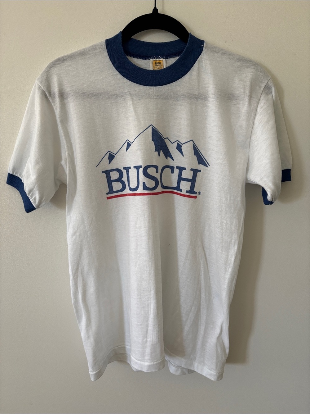 Vintage Busch White Short Sleeve Ringer Tee with Navy Trim